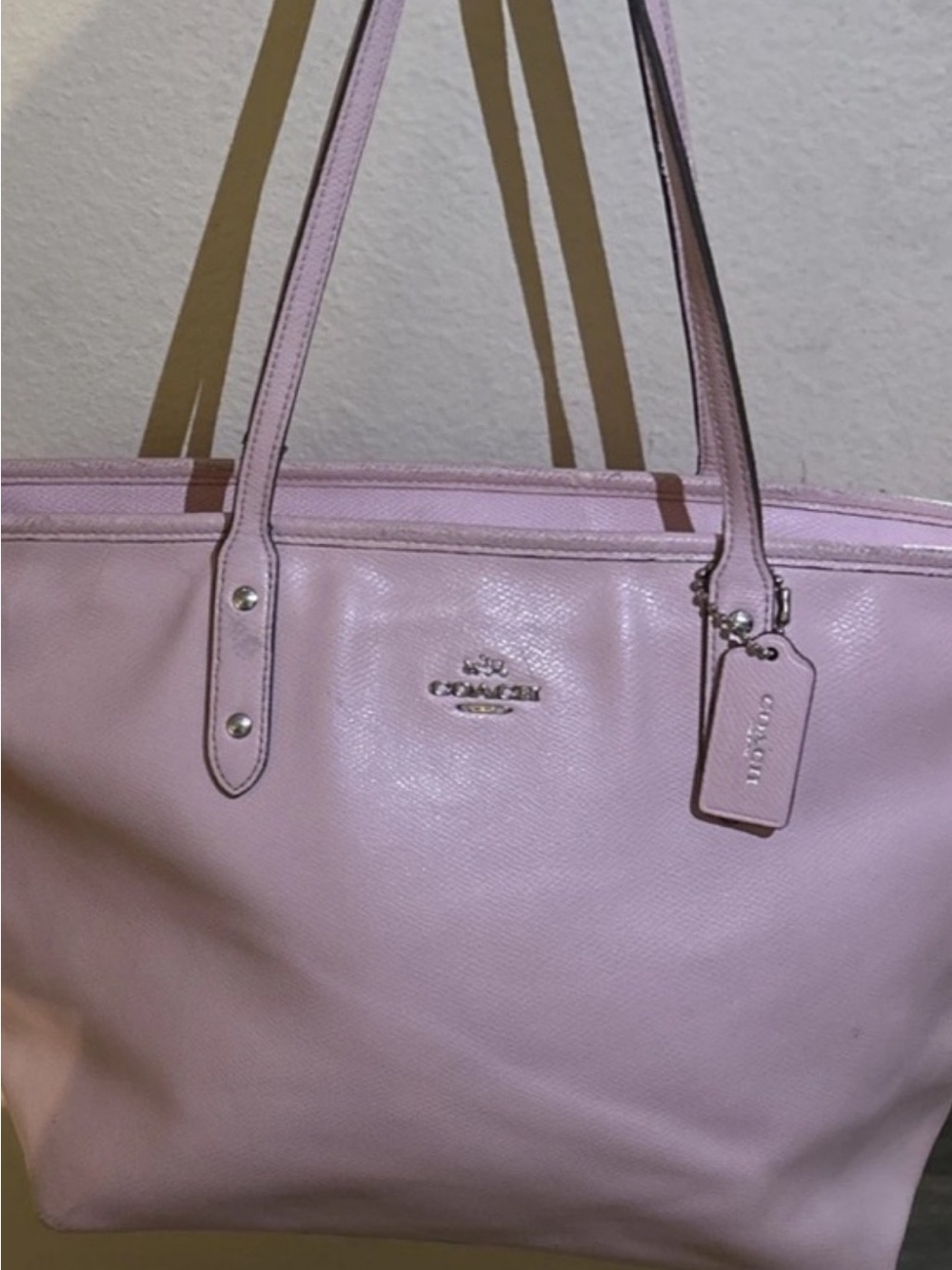 Coach Pink Leather Tote Bag with Logo Charm not perfect see description